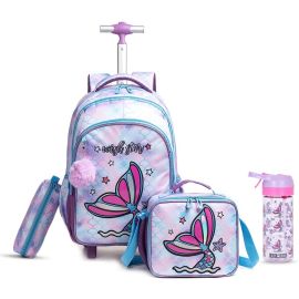 Eazy Kids - 18Inch Set of 4 Trolley School Bag With 420ml Water Bottle, Lunch Bag And Pencil Case - Mermaid Purple -  SAM-CMEZ_S4TRWB420_MMPU - Toysuae.com