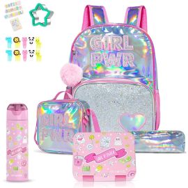 Eazy Kids - 18Inch Set of 5 School Bag With Bento Box, SS 640ml Water Bottle, Lunch Bag And Pencil Case - Girl Power Pink -  SAM-CMEZ_S5_GPPI - Toysuae.com