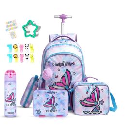 Eazy Kids - 18Inch Set of 5 Trolley School Bag With Bento Lunch Box, SS 640ml Water Bottle, Lunch Bag And Pencil Case - Mermaid Purple -  SAM-CMEZ_S5TR_MMPU - Toysuae.com