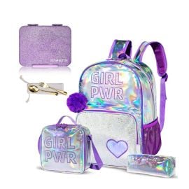 Eazy Kids - 18Inch Set of 4 School Bag With Glitter Bento Box, Lunch Bag And Pencil Case - Girl Power Purple -  SAM-CMEZ_S4GLBB_GPPU - Toysuae.com