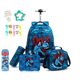 Eazy Kids - 18Inch Set of 5 Trolley School Bag With Bento Lunch Box, 420 ml Water Bottle, Lunch Bag And Pencil Case - TREX Dinosaur Blue -  SAM-CMEZ_S5TR2_TXBU - Toysuae.com