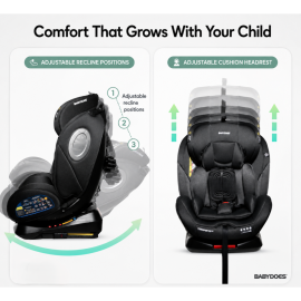 Babydoes - Transporter 360° - Rotating Baby Car Seat with ISOFIX, Smart Safety Alarm - Grey