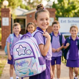 Eazy Kids - 16inch Trolley School Bag Set of 3 with Wheels – Backpack, Lunch Bag & Pencil Case - Purple