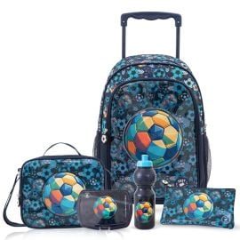 Eazy Kids - 17inch Trolley School Bag 5-in-1 with Wheels – Backpack Lunch Bag - Water Bottle - Blue -  SAM-EZ_ST5in1_FBMU - Toysuae.com