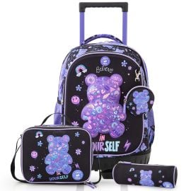 Eazy Kids - 18 inch Trolley School Bag Set of 4 – Trolley Backpack Lunch Bag, Pencil Case - Black -  SAM-EZ_S3TR_TEDPU - Toysuae.com