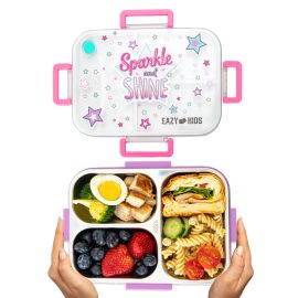 Eazy Kids - 3 Compartment Stainless Steel bento Lunch Box - Sparkle Girl 800ml - Purple