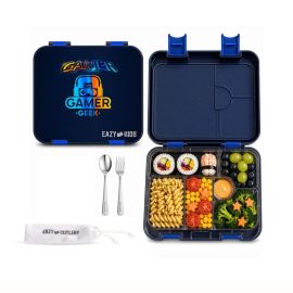 Eazy Kids - 6 & 4 Convertible Bento Lunch Box with Steel Spoon & Fork Set - Gamer Black