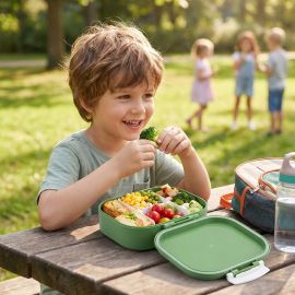 Eazy Kids - Bento Lunch Box Set of 2 1200ml + 760 ml Free Compartment Food Containers - Dino Green