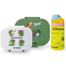 Eazy Kids - Bento Lunch Box Set of 2 with Stainless Steel Water Bottle 445 ml – Dino Green - SAM-CM_LB2in1WBSS_GR - Toysuae.com