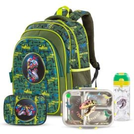 Eazy Kids - Dino School Bag Set with Bento Lunch Box & Spray Water Bottle – Green - SAM-CM_EZSB3LBSSWBTT_DIGR - Toysuae.com