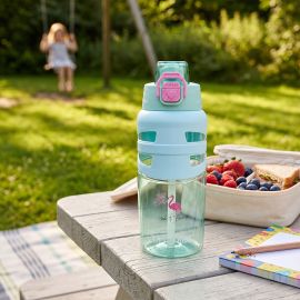 Eazy Kids - Flip Top Water Bottle 750ml – Straw Bottle for Kids - Flamingo Aqua
