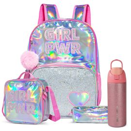 Eazy Kids - Girl Power School Bag Set with Glitter Stainless Steel Water Bottle – Pink - SAM-CM_EZSB3WBGL_GPPI - Toysuae.com