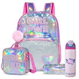 Eazy Kids - Girl Power School Bag Set with Stainless Steel Water Bottle – Pink - SAM-CM_EZSB3WBSS_GPPI - Toysuae.com