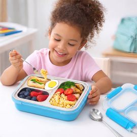 Eazy Kids - Stainless Steel Lunch Box 710ml, 3 Compartment Leakproof Bento Box for Kids - Blue
