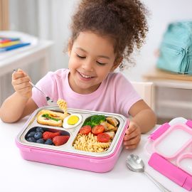 Eazy Kids - Stainless Steel Lunch Box 710ml, 3 Compartment Leakproof Bento Box for Kids - Pink