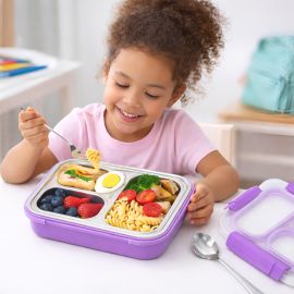 Eazy Kids - Stainless Steel Lunch Box 710ml 3 Compartment Leakproof Bento Box for Kids - Purple