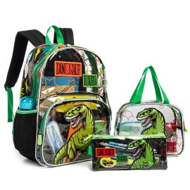 Eazy Kids -  17 Inch Trolley School Bag with Lunch Bag and Pencil Case - Set of 3 - Dinosaur - Black