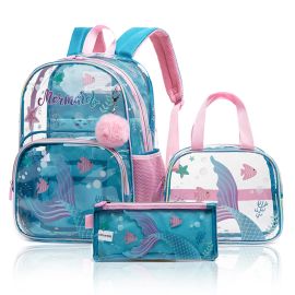 Eazy Kids -  17 Inch Trolley School Bag with Lunch Bag and Pencil Case - Set of 3 - Mermaid - Blue