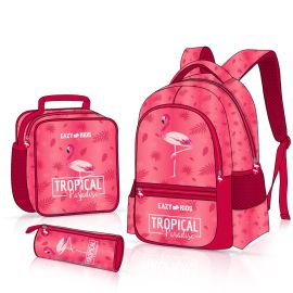 Eazy Kids -  17 Inch Trolley School Bag with Lunch Bag and Pencil Case - Set of 3 - Tropical - Pink