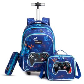 Eazy Kids -  18Inch Trolley School Bag with Lunch Bag and Pencil Case - Set of 3 - Gamer - Blue