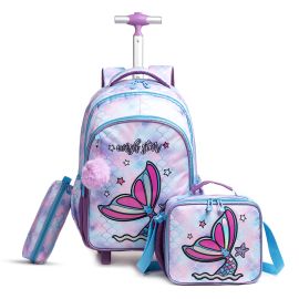 Eazy Kids -  18Inch Trolley School Bag with Lunch Bag and Pencil Case - Set of 3 - Mermaid - Purple