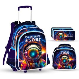 Eazy Kids -  16Inch Trolley School Bag with Lunch Bag and Pencil Case - Set of 3 - Outer Space - Blue