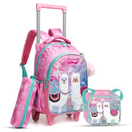 Eazy Kids -  16Inch Trolley School Bag with Lunch Bag and Pencil Case - Set of 3 - Lama - Pink