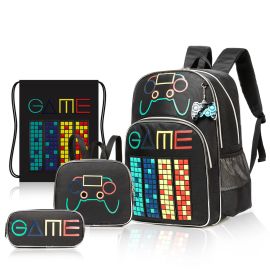 Eazy Kids -  17Inch School Bag with Lunch Bag, Activity Bag and Pencil Case - Set of 4  - Gen Z Gamer - Black