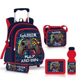 Eazy Kids -  17Inch Trolley School Bag with Lunch Bag, Pencil Case, Lunch Box and Water Bottle - Set of 5  - Gamer - Blue