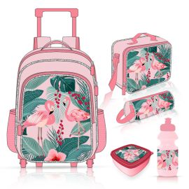 Eazy Kids -  17Inch Trolley School Bag with Lunch Bag, Pencil Case, Lunch Box and Water Bottle - Set of 5  - Tropical - Pink
