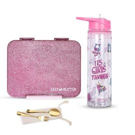 Eazy Kids - 6 And 4 Convertible Lunch Box With 550 ml Water Bottle And Spoon Fork Set - Glitter Pink -  SAM-CMEZ_BBIGTWB_GLPI - Toysuae.com