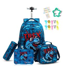 Eazy Kids - 18Inch Set of 4 Trolley School Bag With Bento Lunch Box, Lunch Bag And Pencil Case - TREX Dinosaur Blue -  SAM-CMEZ_S4TRBB_TXBU - Toysuae.com