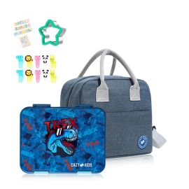 Eazy Kids - 6 And 4 Convertible Bento Lunch Box With Lunch Bag And Sandwich Cutter - TREX Blue -  SAM-CMEZ_BBLB01BU_TREXBU - Toysuae.com