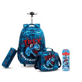 Eazy Kids - 18Inch Set of 4 Trolley School Bag With 420ml Water Bottle, Lunch Bag And Pencil Case - TREX Dinosaur Blue -  SAM-CMEZ_S4TRWB420_TXBU - Toysuae.com