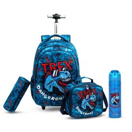 Eazy Kids - 18Inch Set of 4 Trolley School Bag With SS 640ml Water Bottle, Lunch Bag And Pencil Case - TREX Dinosaur Blue -  SAM-CMEZ_S4TRSSWB_TXBU - Toysuae.com