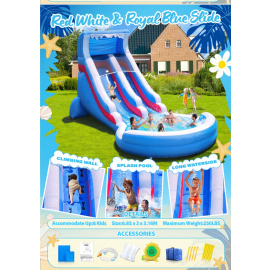 Gambol - Red White and Royal Blue Inflatable Water Slide with Bounce House Splash Pool