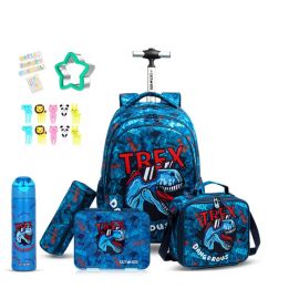 Eazy Kids - 18Inch Set of 5 Trolley School Bag With Bento Lunch Box, SS 640 ml Water Bottle, Lunch Bag And Pencil Case - TREX Dinosaur Blue -  SAM-CMEZ_S5TR_TXBU - Toysuae.com