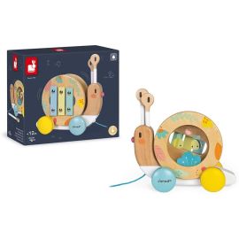 Janod - Wooden Pure Pull-Along Snail - Wooden Toy with Xylophone and Tambourine - Water Based Paint