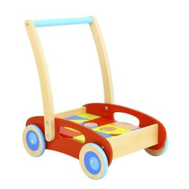 Tooky Toy Wooden Push Along Baby Walker with Blocks - 37 Pieces