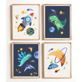 Set of 4 Dinosaur Space Wall Art Prints